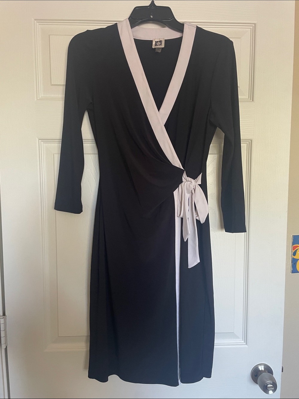 ANNE KLEIN Black Wrap Dress w/ White Accents